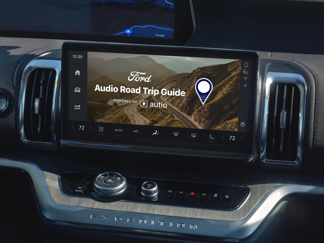 Ford Expedition dashboard displaying the Ford Audio Road Trip Guide powered by Autio.