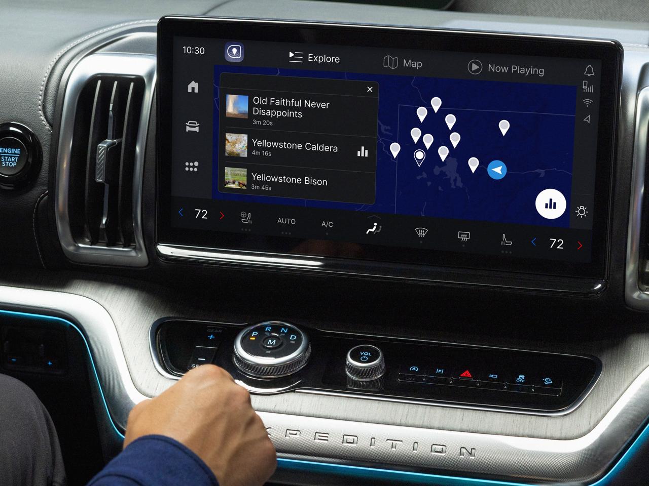 Autio map in a Ford Expedition showing location-based audio stories near Yellowstone.